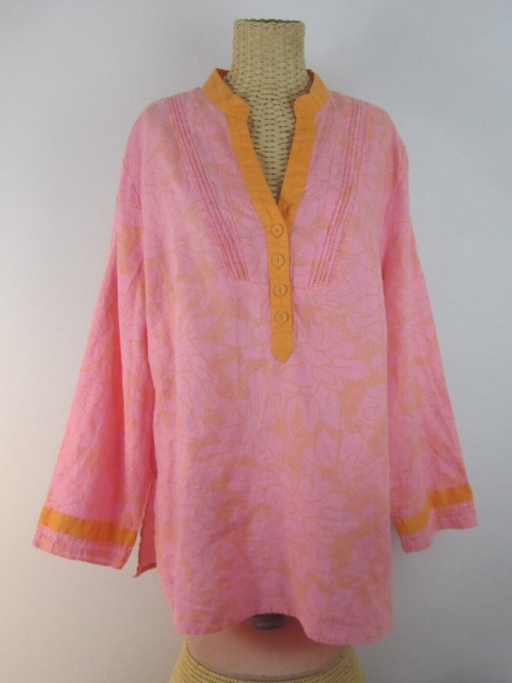 Carole Little Women Plus 1X Pink Orange Floral LS 100% Linen Pleated Tunic Shirt